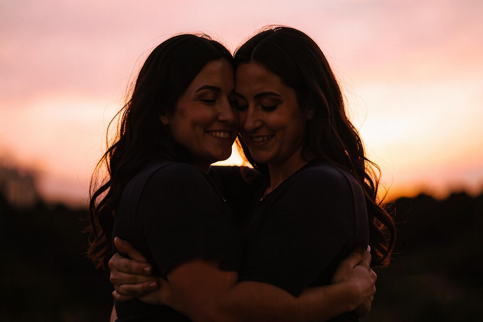 Two women in a supportive embrace at sunset