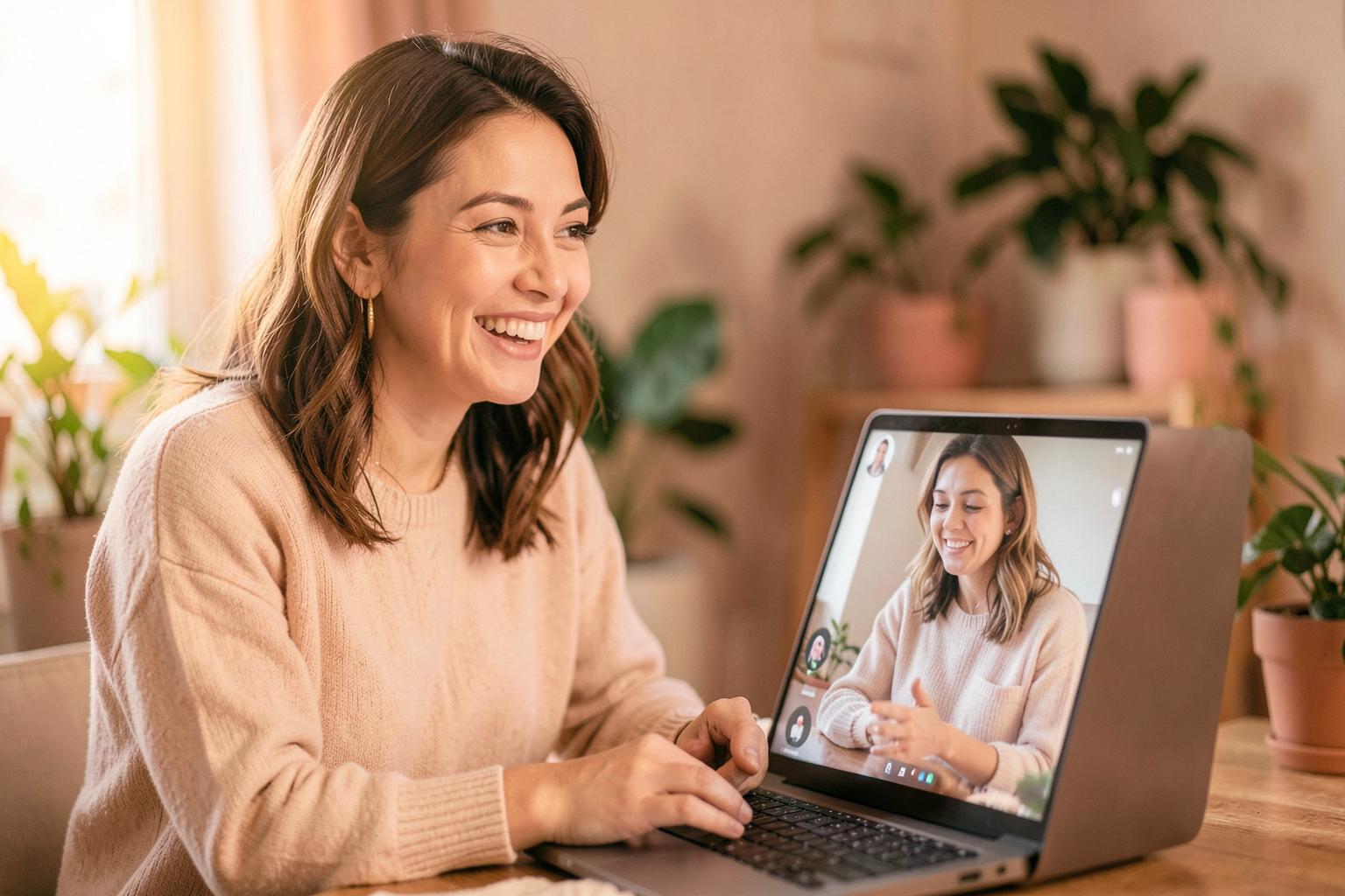 A volunteer chatting warmly with another woman on a video call
